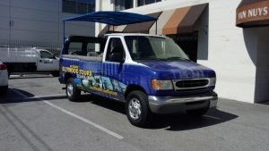 Custom blue truck awning for Ultimate Hollywood Tours
