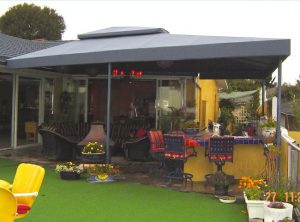 Dark grey patio shade awning with custom awning fabric